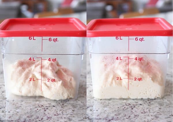 Side by side of cinnamon roll dough risen and unrisen.