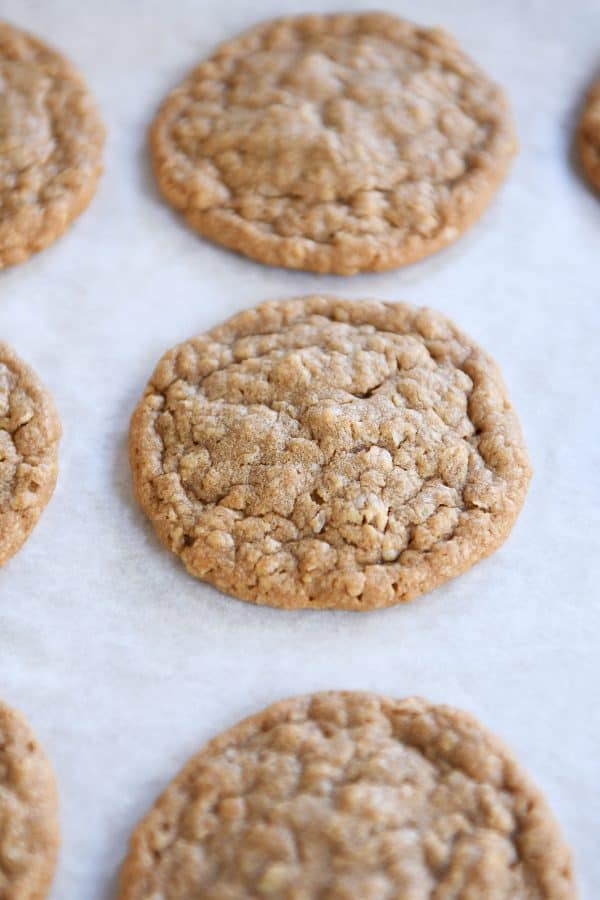 Gingerbread oatmeal cookies on parchment paper.