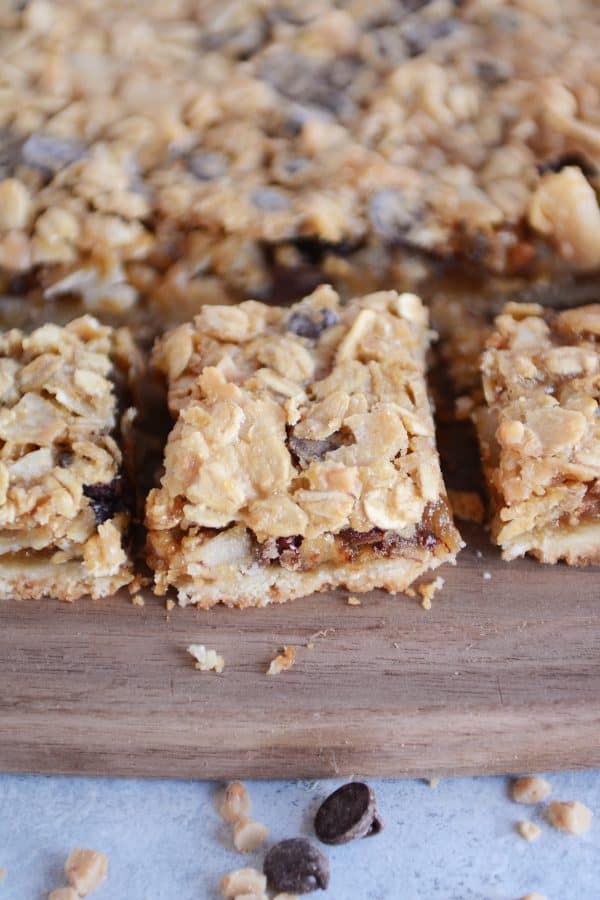 Tray of caramel oat chocolate chunk shortbread bars.