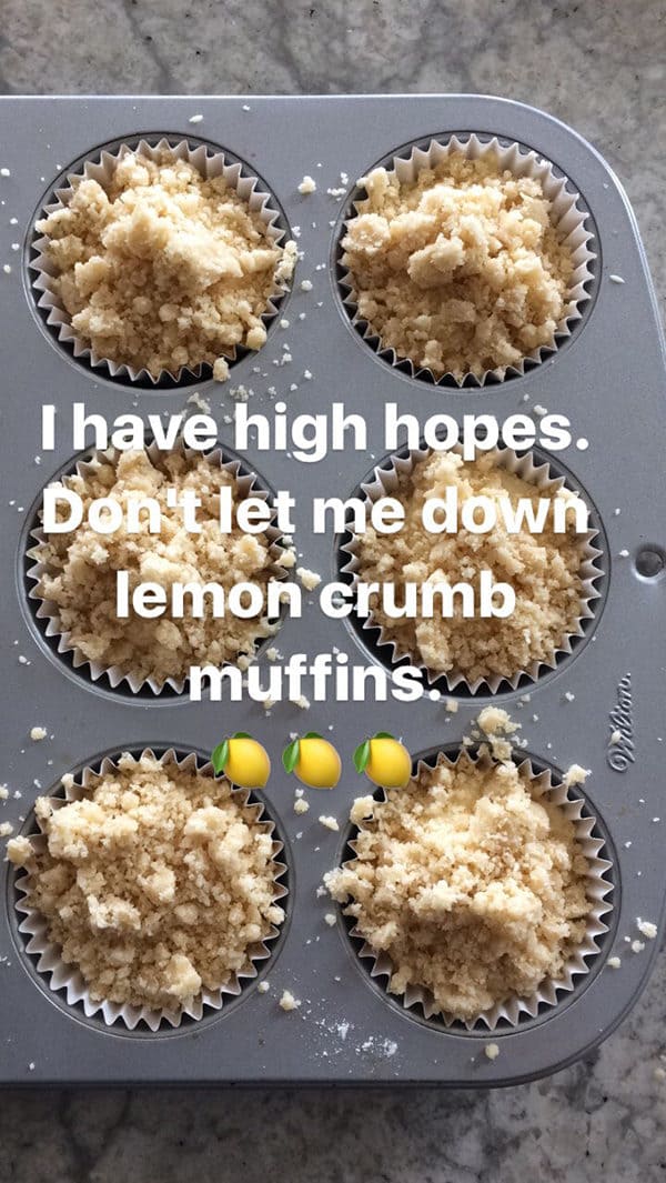 Top view of uncooked streusel-topped muffins in a muffin tin.