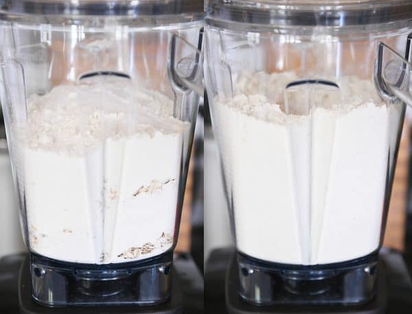 Oatmeal and dry ingredients in blender for cookies.