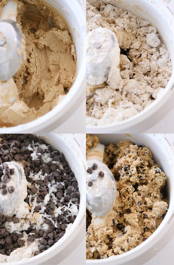 Collage of cookie dough being made with dry ingredients and chocolate chips added in.