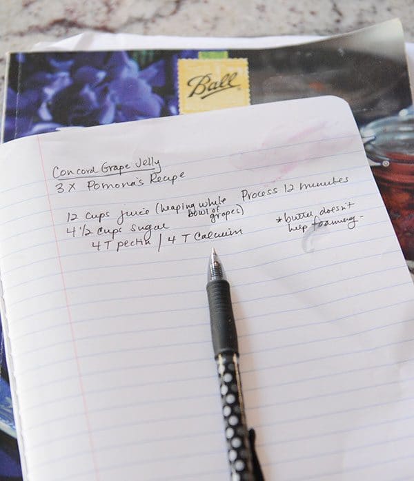 A handwritten recipe for concord grape jelly written on a notepad. 