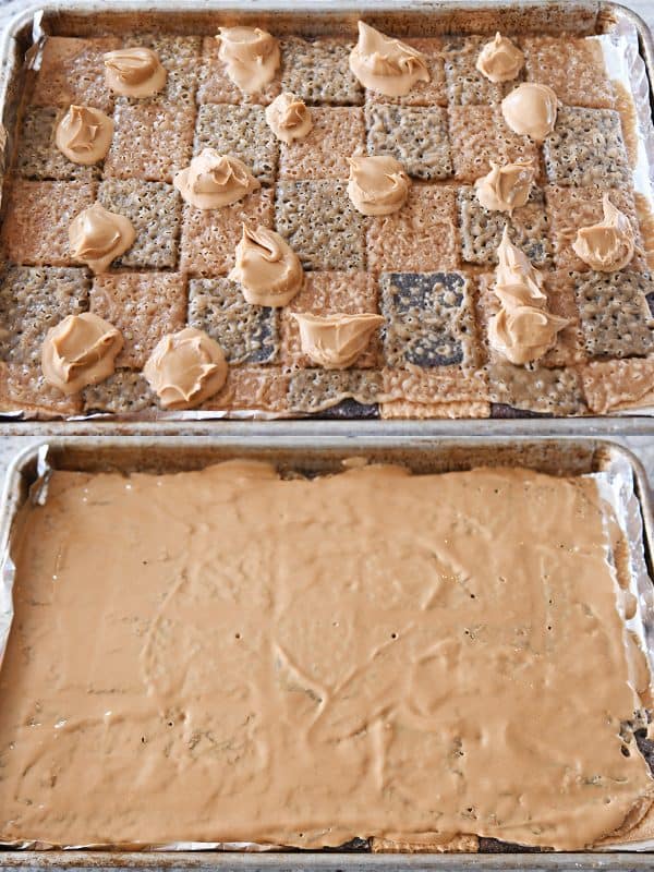Easy graham cracker toffee with peanut butter spread on top.