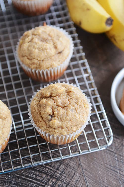 Top view of peanut butter banana muffins on a cooling rack. 