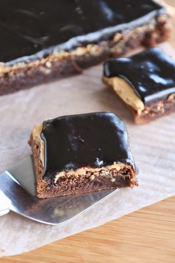 Peanut butter marshmallow fudge brownie square sitting on metal spatula.