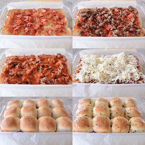 Step-by-step pictures of how to assemble cheesy pepperoni pizza sliders.