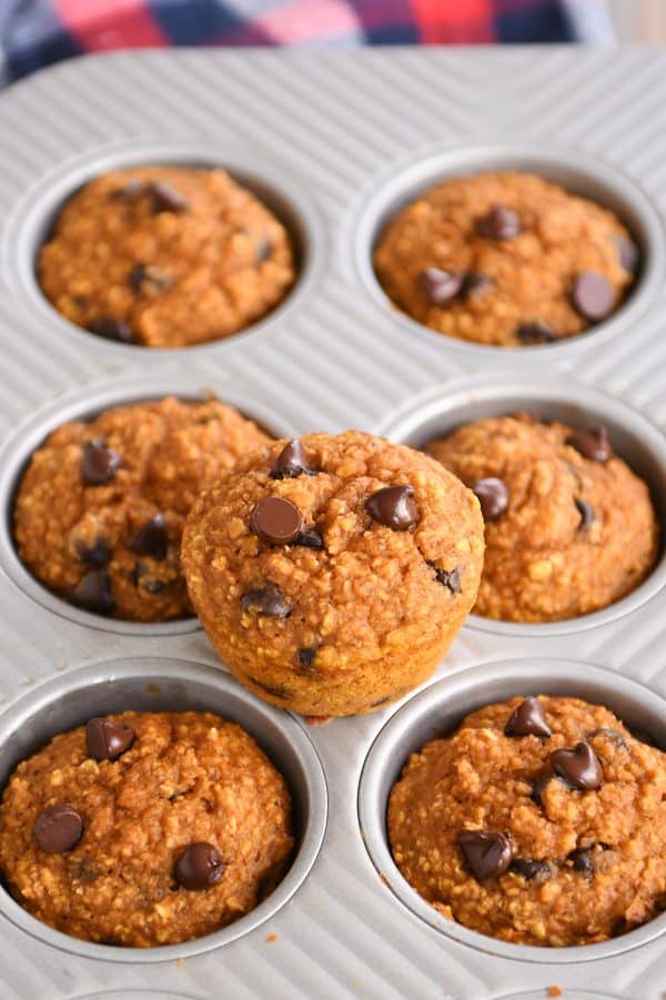 Easy pumpkin blender muffins in muffin tin with one muffin sitting on top.