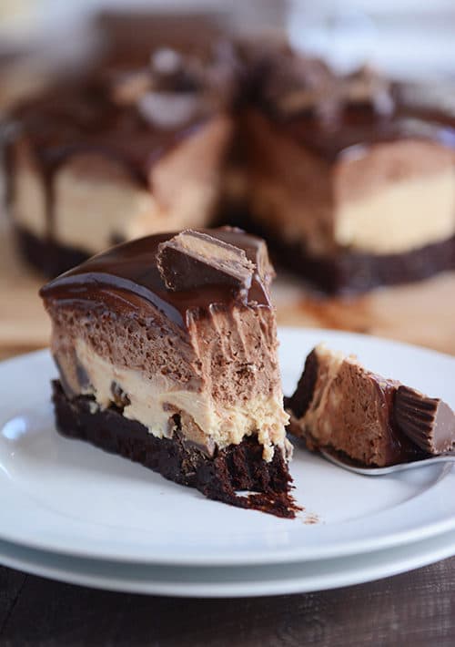 A slice of peanut butter chocolate mousse cake with a bite taken out on a white plate.