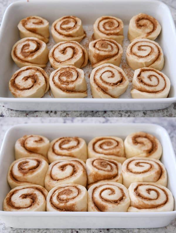 Small batch cinnamon rolls rising in white pan.