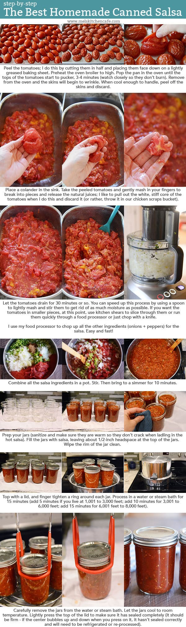 Step-by-step images and text instructions for canning homemade salsa.