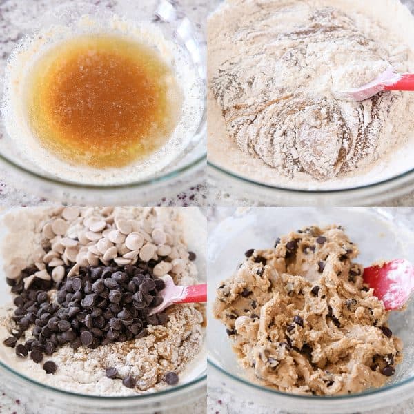 Process collage of brown butter, flour being added to cookie dough, chocolate chips and mixed cookie dough.