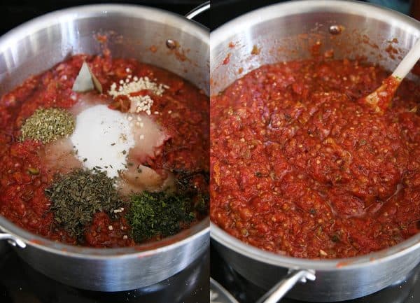 Combining sauce ingredients for homemade canned spaghetti sauce recipe.