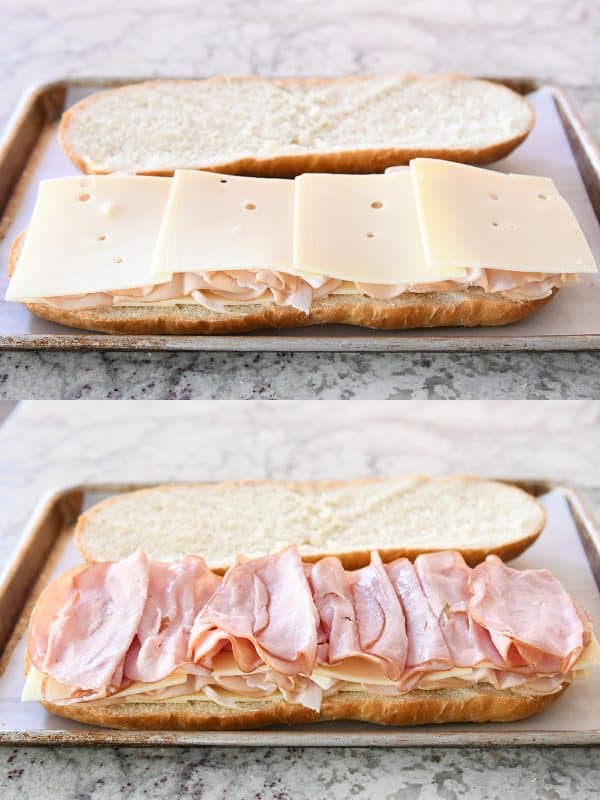 Layering ham and cheese on sheet pan panini.