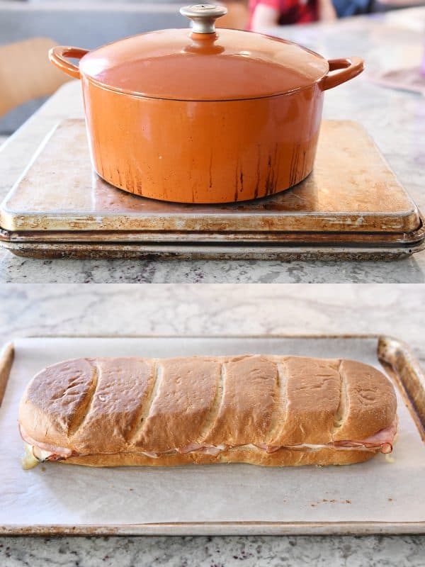 Pressing down sheet pan panini before baking.