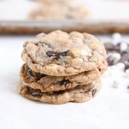 S'Mores chocolate chip cookie on white napkin.