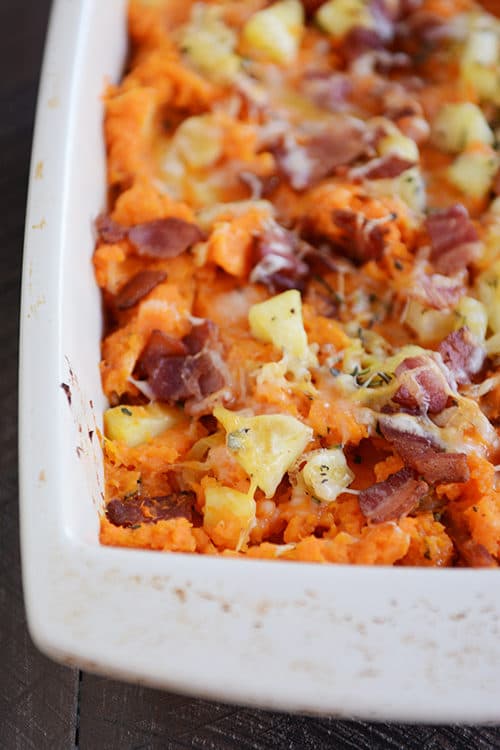 Top view of a sweet potato and apple sweet potato casserole.