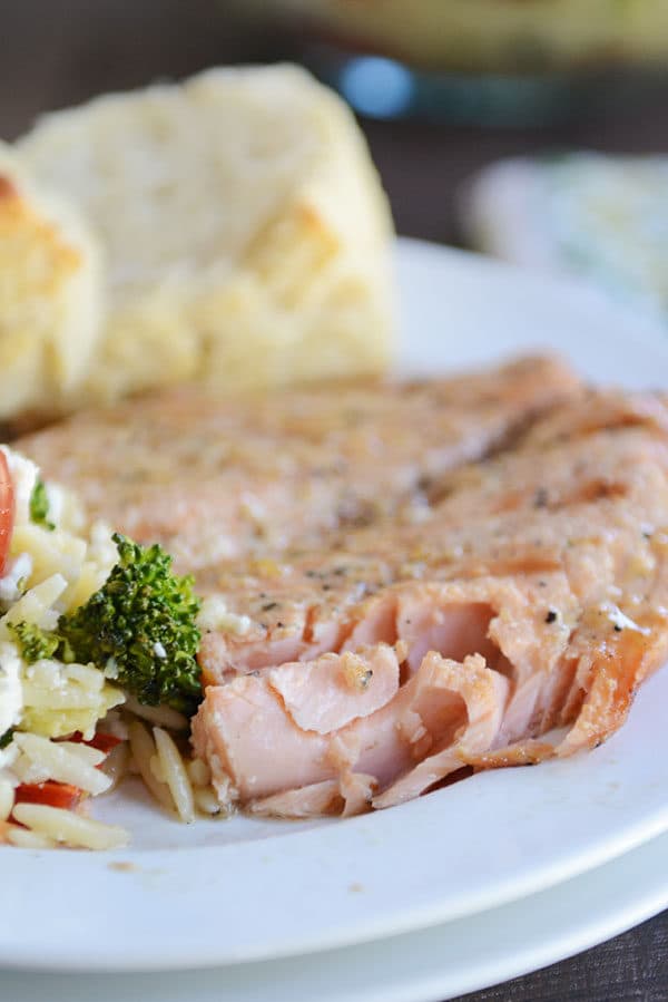 A fillet of salmon with a bite taken out next to a biscuit and helping of pasta salad on a white plate.