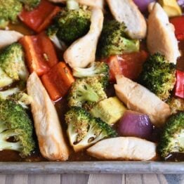 Teriyaki sheet pan dinner loaded with vegetables.