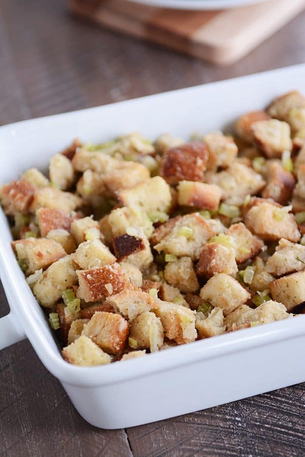 White ceramic dish with stuffing.