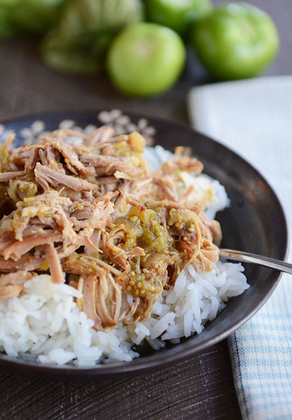 A dark bowl of rice and shredded pork with tomatillo sauce on top. 