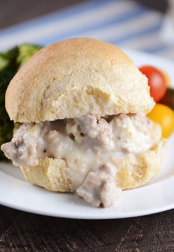 A creamy turkey swiss sloppy joe on a whole wheat roll on a white plate with fresh veggies next to it.