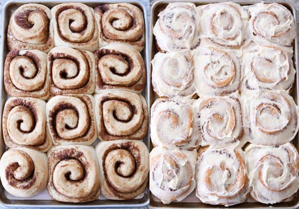 Side by side of unfrosted and frosted cinnamon rolls.