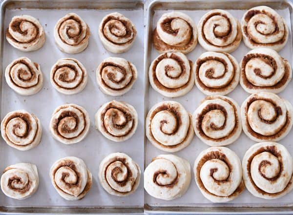 Side by side of unrisen and risen cinnamon rolls.