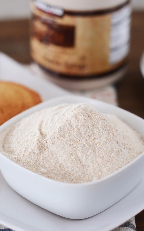 A large bowl of homemade wheat pancake mix.