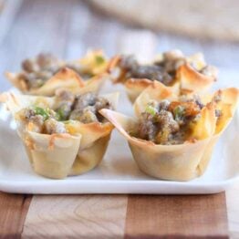 White plate with cheesy sausage wonton bites.